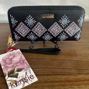 Kensie Black Wallet/Clutch with Blue and Pink Embroidery